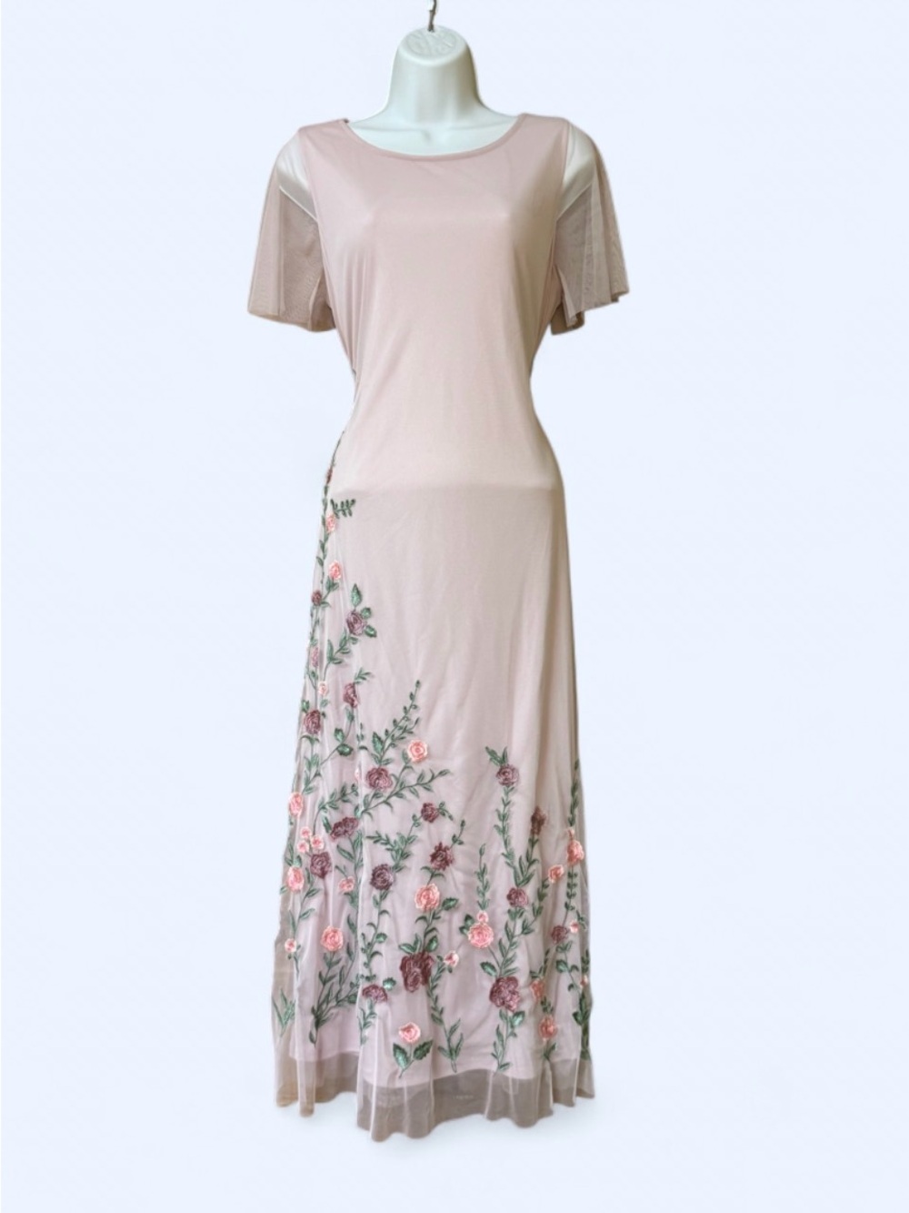 Coldwater Creek Blush Pink Maxi Dress with Floral Embroidery Size M Cottagecore